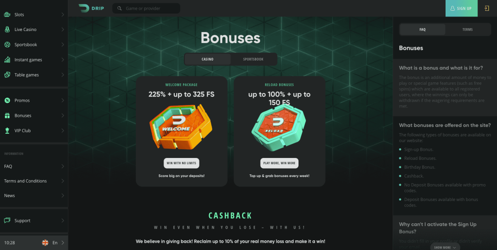 Drip Casino Bonuses
