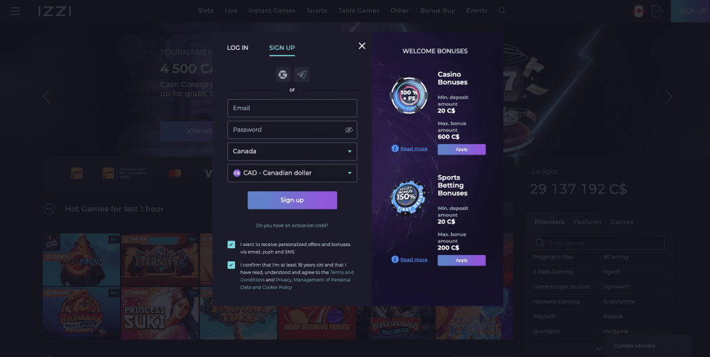 Izzi Casino registration form