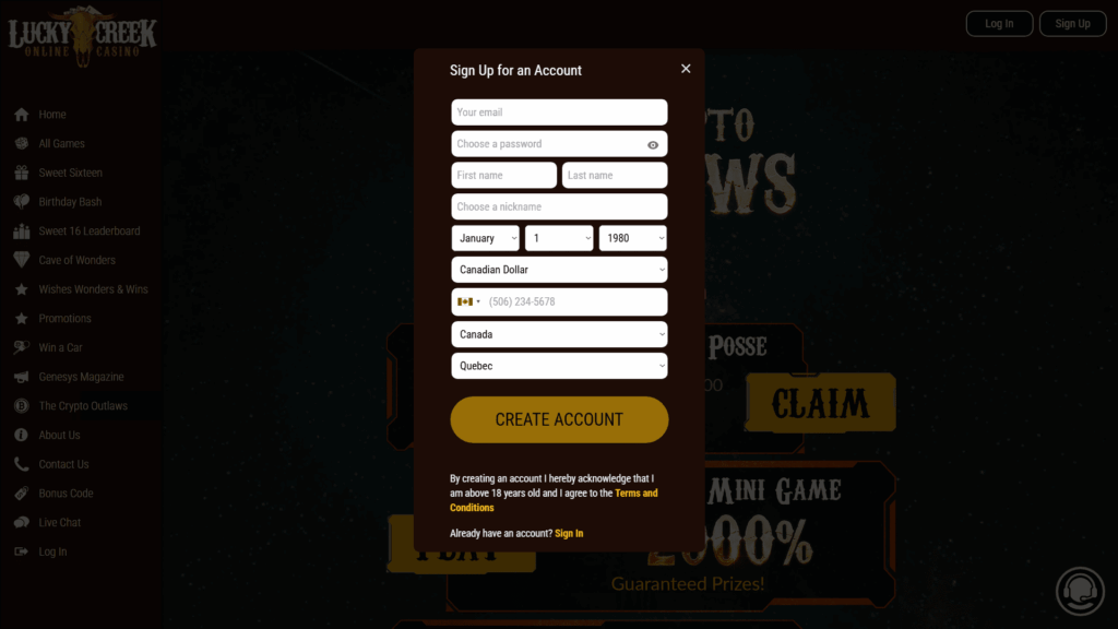 Lucky Creek casino registration