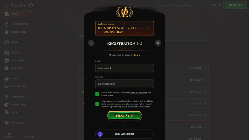 Legiano casino registration