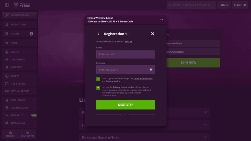 Malina casino registration