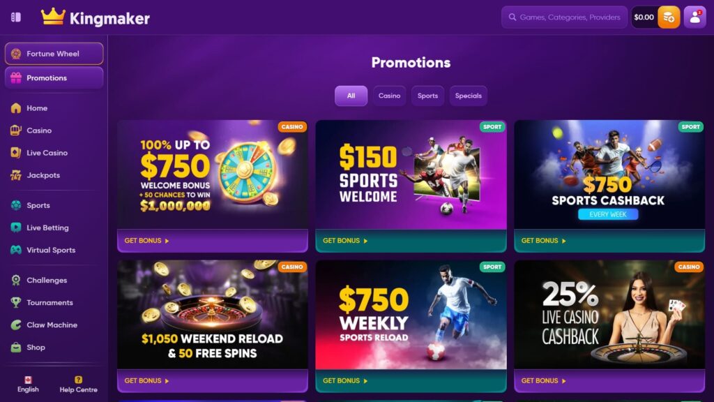 Kingmaker casino bonuses