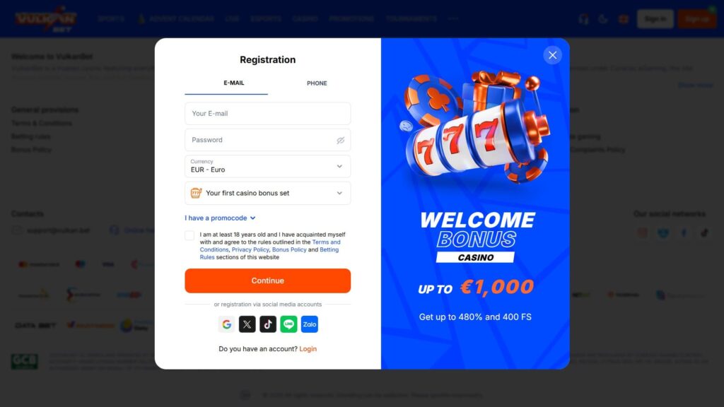 Vulkan Bet casino registration