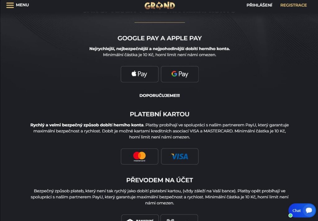 Grandwin Casino platebni metody