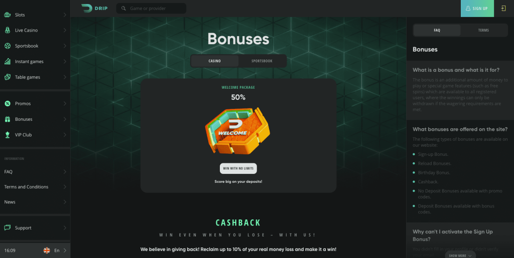 Drip casino bonusy