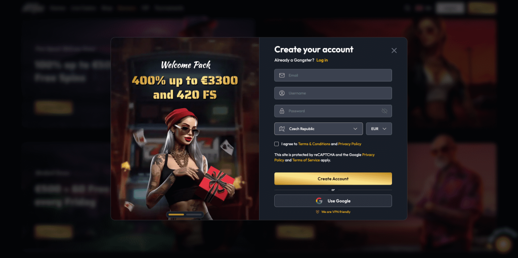 Gangsta casino registrační formulář