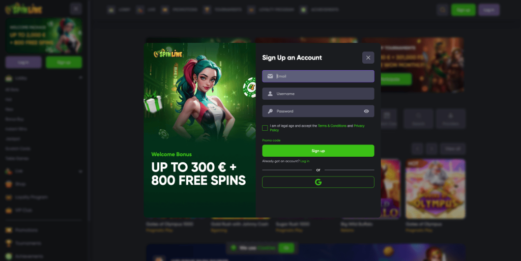 Spinline casino registrační formulář