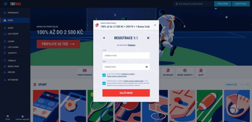 TikiTaka casino registrační formulář