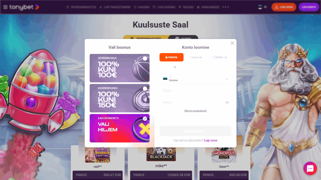 Tonybet kasiino registreerimine