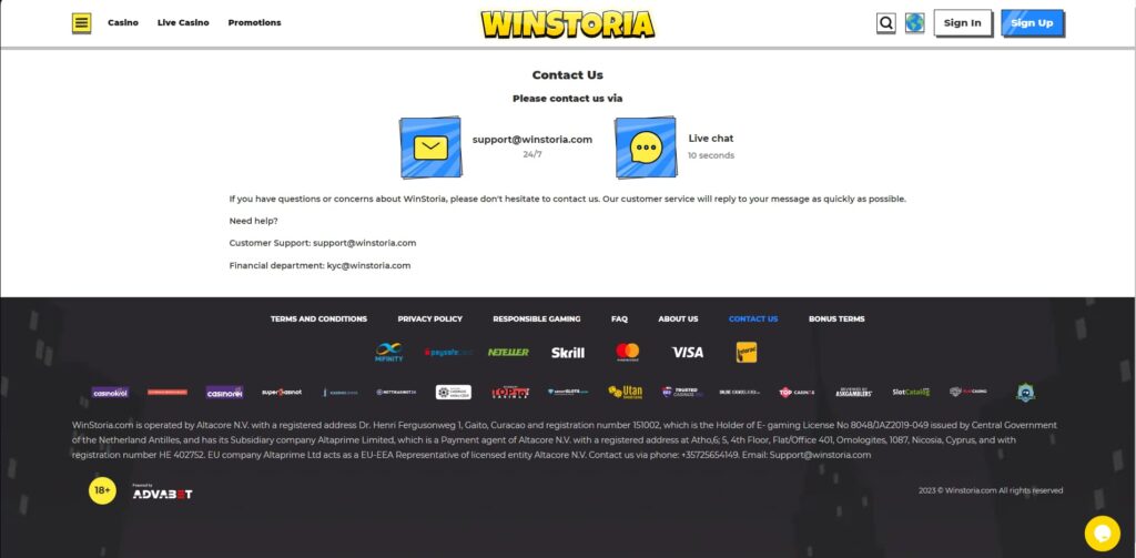 Winstoria Casino Επαφές