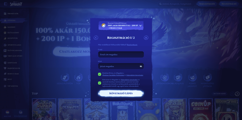 SpiNight Casino regisztráció