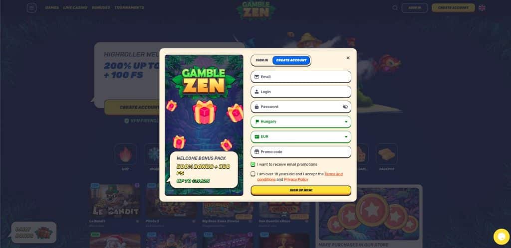 GambleZEN Casino regisztráció