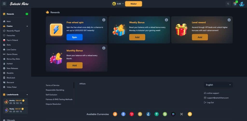 Satoshi Hero Casino bónuszok