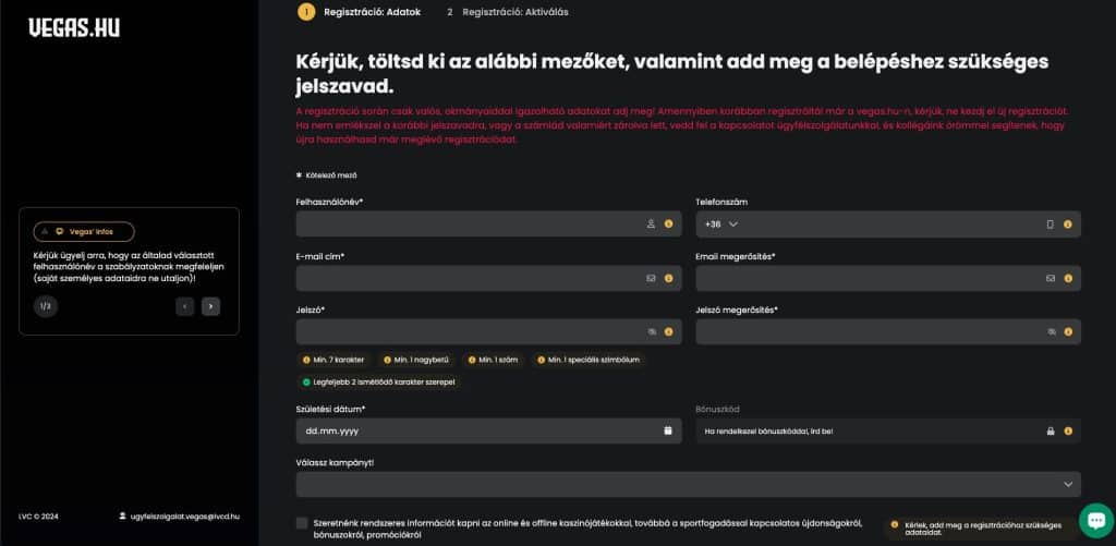 Vegas.hu Casino regisztráció