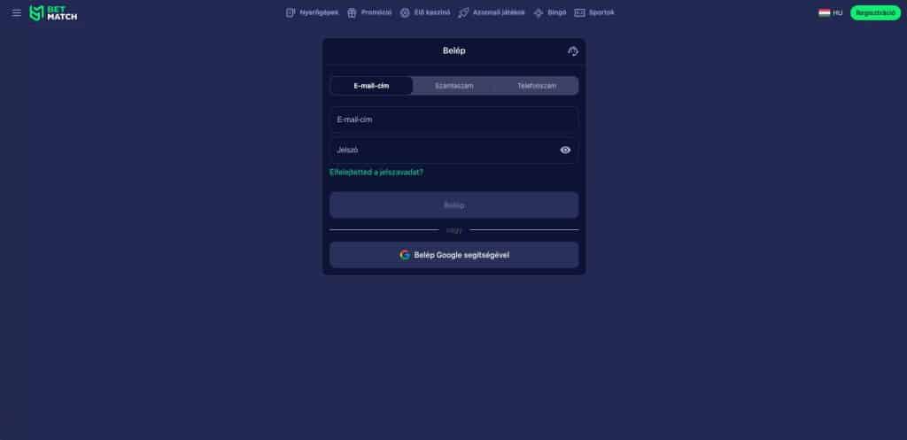 Betmatch Casino regisztráció