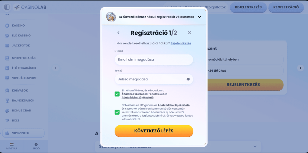 CasinoLab Casino regisztráció