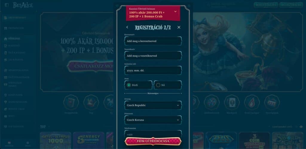 BetAlice Casino regisztráció