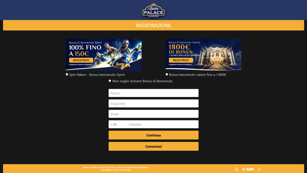 Registrazione al casinò Spin Palace
