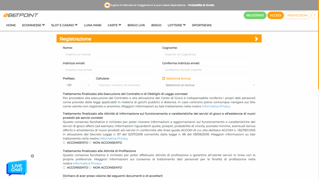 Registrazione al casinò Betpoint