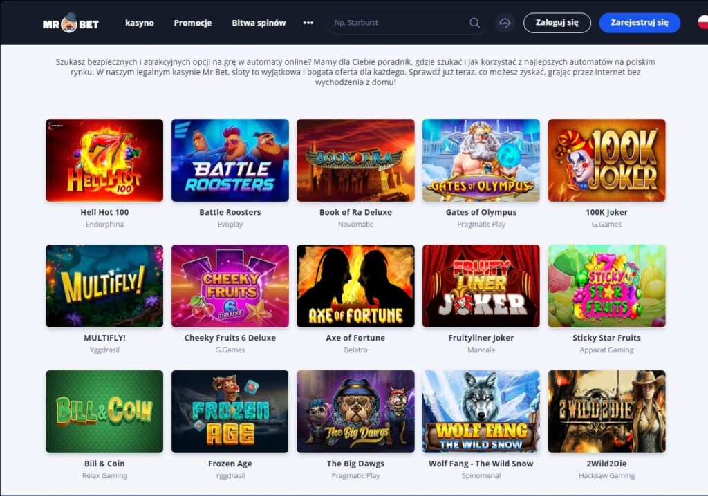 Wizualizacja gier slotowych w Mr Bet pokazująca różnorodność tematów i funkcji