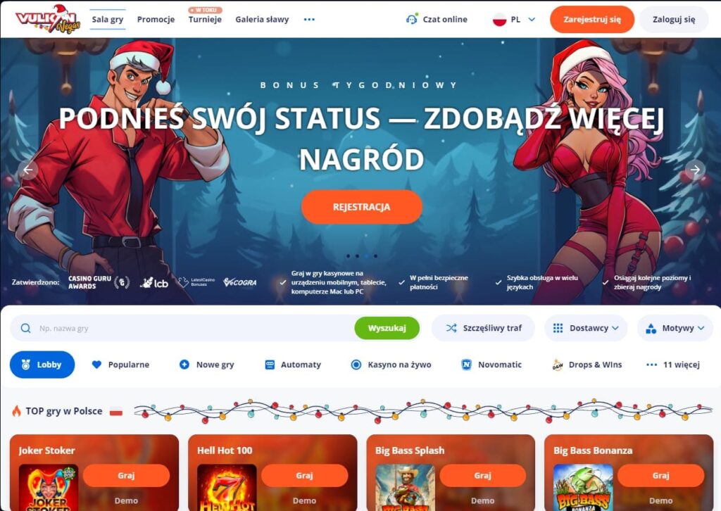 Interfejs Vulkan Vegas pokazujący gry i bonusy