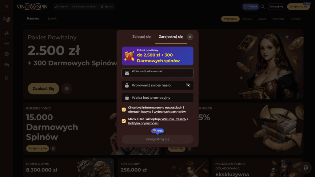 Vincispin casino rejestracja konta
