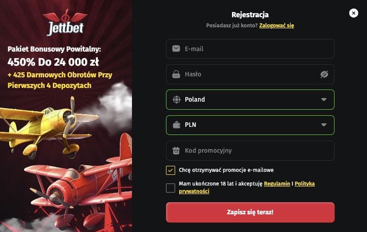 Jettbet casino rejestracja konta