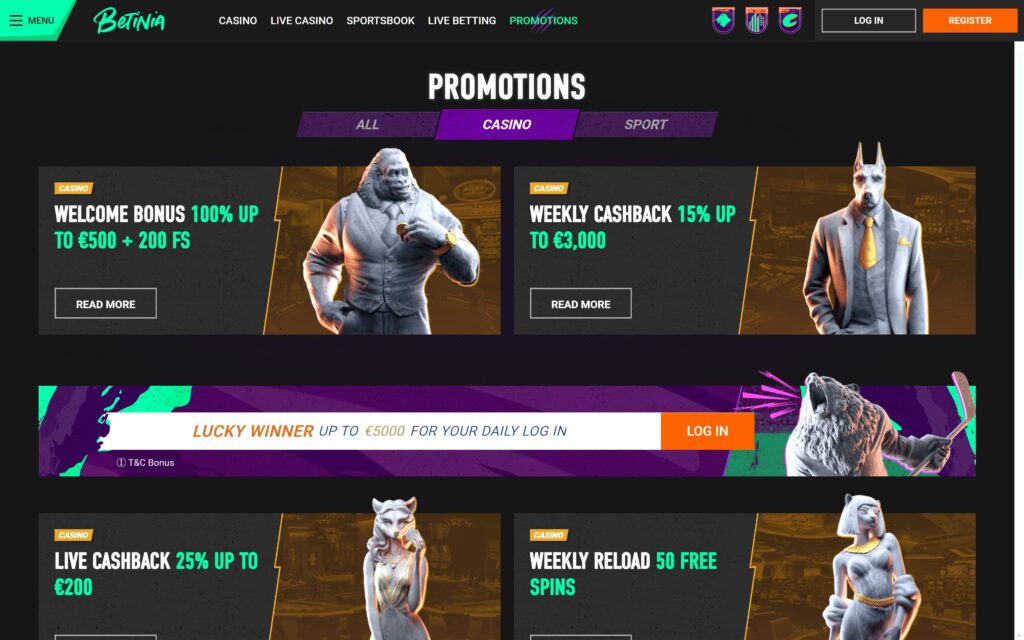 Betinia casino bonuses