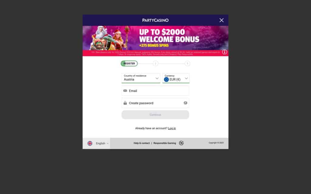 Party casino registration