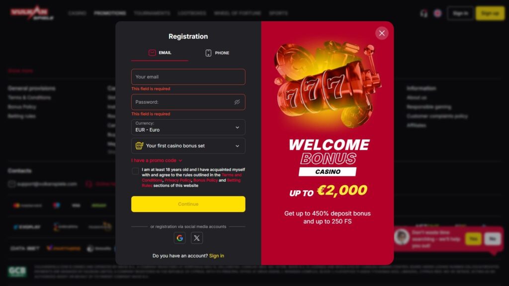 Vulkan Spiele casino registration