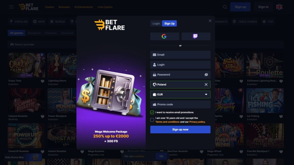 Betflare casino registration