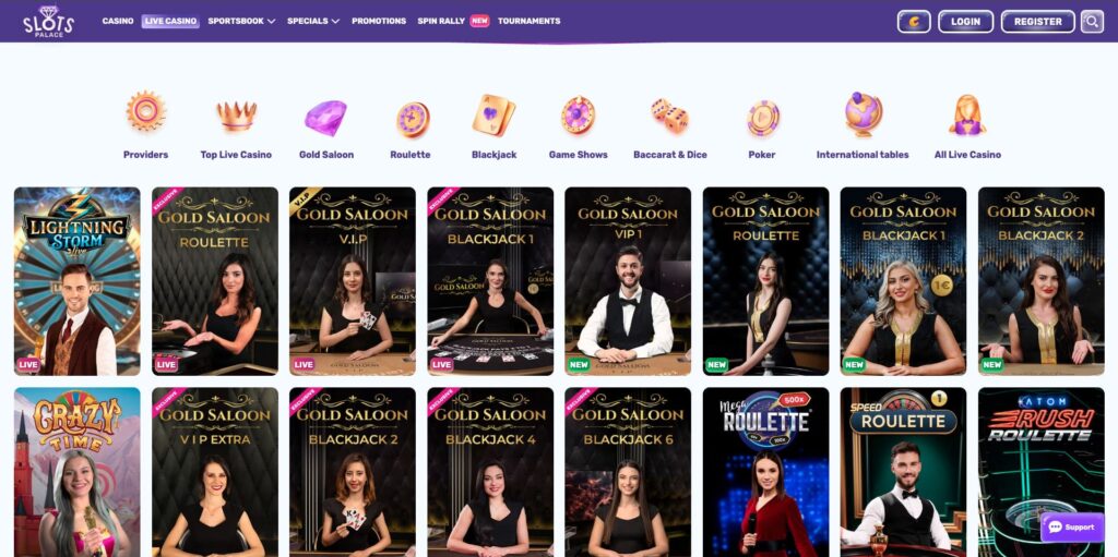 Interface des jeux en direct de Slotspalace Casino montrant des tables de blackjack et de roulette