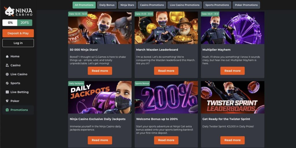 Ninja casino bonuses